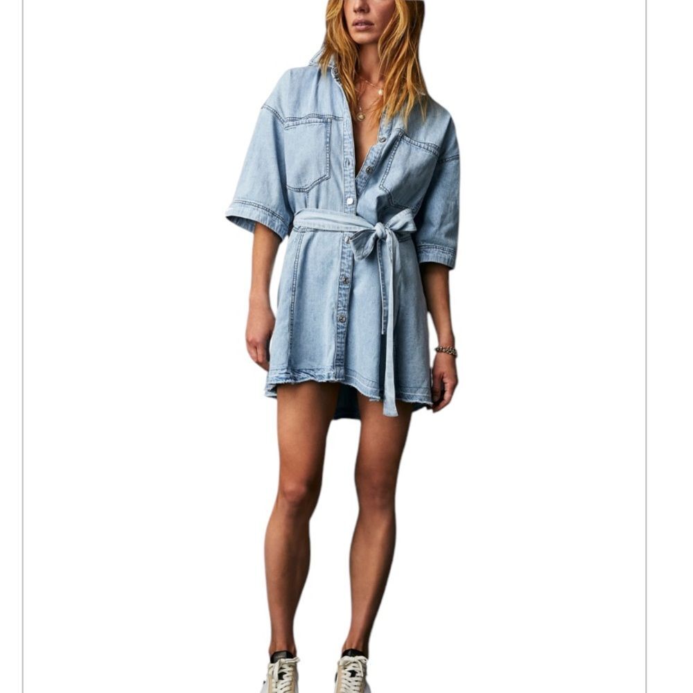 Free People Cotton Jenny Denim‎ Tie-Waist Tunic, Size XSMALL